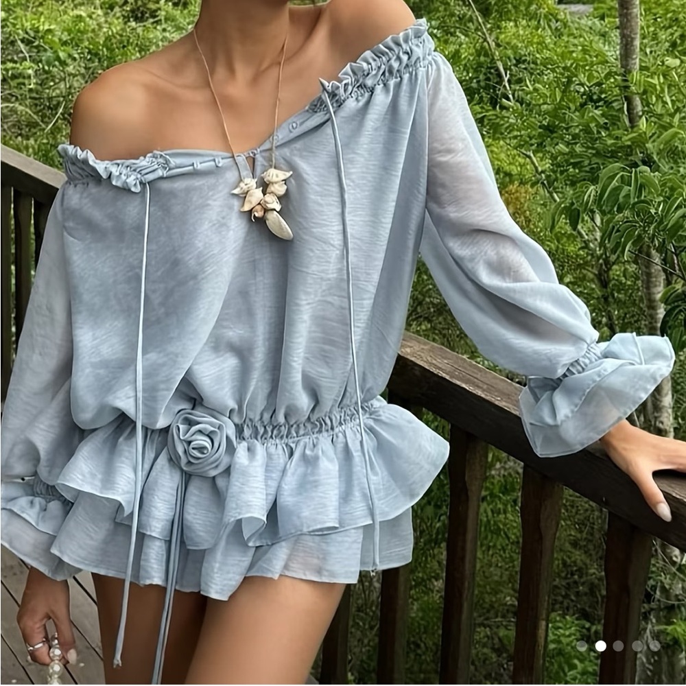 Elegant Off-Shoulder Light Blue Women's Top Fairy Doen Y2K